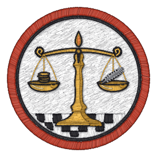 Check badge: the scales weighing gold against a feather, on a checkered floor