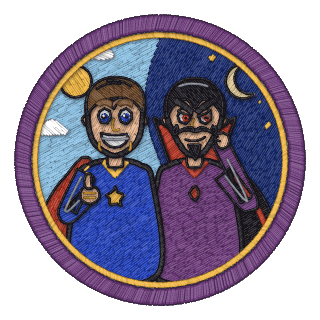 Clones badge: twins back to back, a grinning hero and his evil twin with a curled moustache, by day and by night