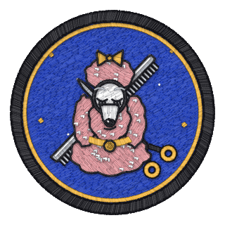 Format badge: a haughty pink show poodle before crossed scissors and comb