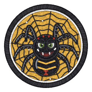 JavaScript badge: a grinning black and gold spider waving at the hub of its web, on gold