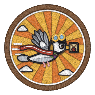 Language server badge: a carrier pigeon flying like an ace, in cap, goggles, and scarf, with a sealed letter