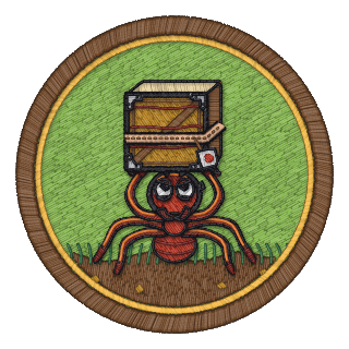 Packages badge: a red ant pressing a huge crate over its head