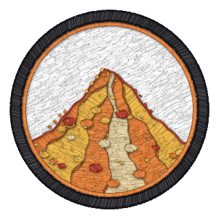 The Powderworks badge: a great heap of bright orange powder streaked with gold