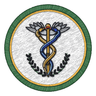 Python badge: the caduceus, with a blue serpent and a gold one, in a laurel wreath