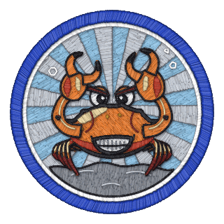 Rust badge: a crab squared up for a fight, claws raised, teeth bared