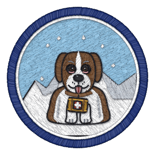 Support badge: a St Bernard rescue dog sitting with its barrel, in the snowy mountains
