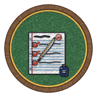 Test badge: a quill ticking the boxes on a graded test paper, beside a bottle of ink